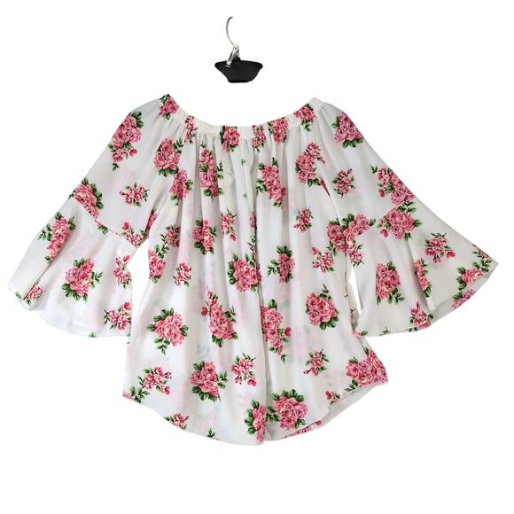NWT One More Thyme Pink Roses White Blouse Women's Plus 3X Flared Sleeve Peasant - Picture 2 of 10